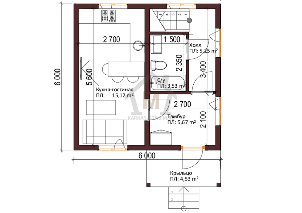 Планировка первого этажа Каркасный дом 6х6 с мансардой проект Бажен цена от {price}.
