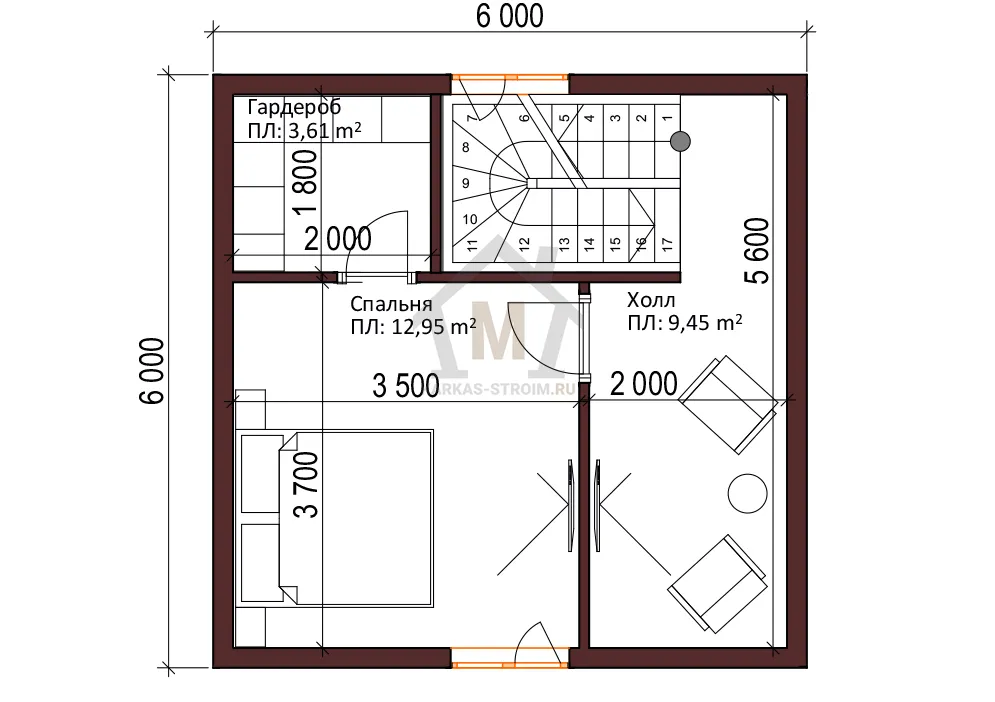Планировка второго этажа Каркасный дом 6х6 с мансардой проект Бажен цена от {price}.