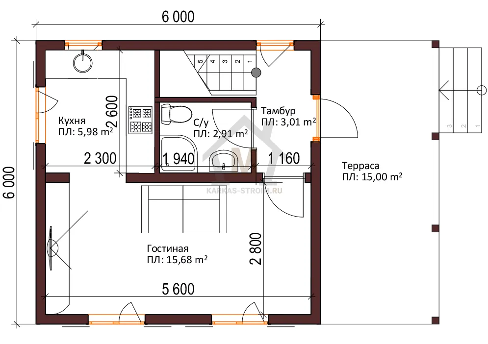 Планировка первого этажа Проект дома 6х6 с мансардой каркасный цена от {price}.