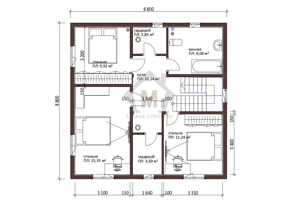 Планировка второго этажа Проект дома 8х8 двухэтажный строим цена от {price}.