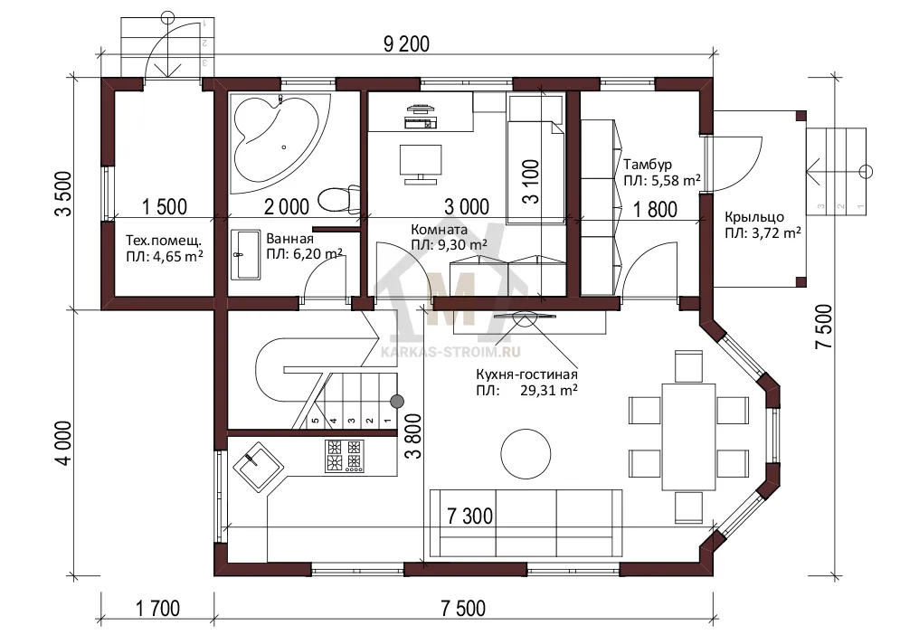Планировка первого этажа Дом 7х10 с мансардой три спальни каркасный цена {price}.