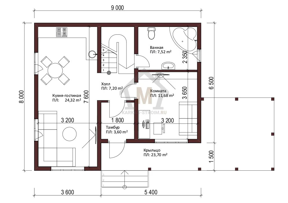 Планировка первого этажа Каркасный дом 8х9 для постоянного проживания цена {price}.