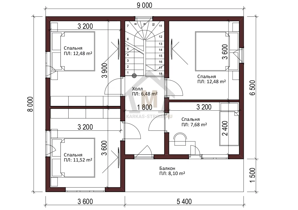 Планировка второго этажа Каркасный дом 8х9 для постоянного проживания цена {price}.