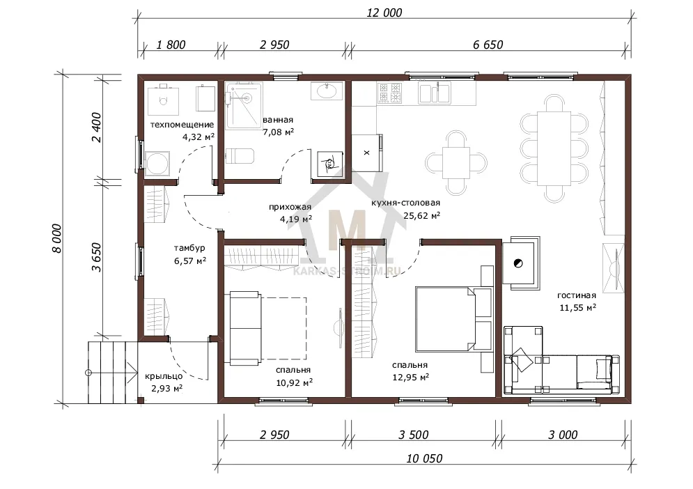 Планировка первого этажа Каркасный дом 8х12 одноэтажный цена {price}.