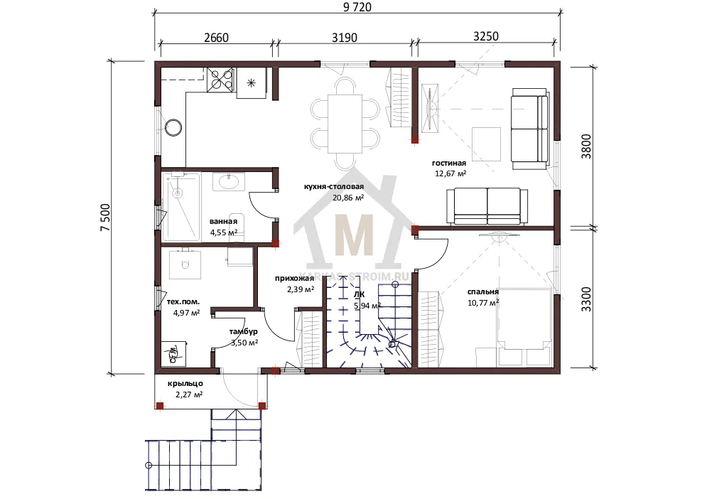 Планировка первого этажа Проект дома 7х9 с отличной планировкой цена {price}.