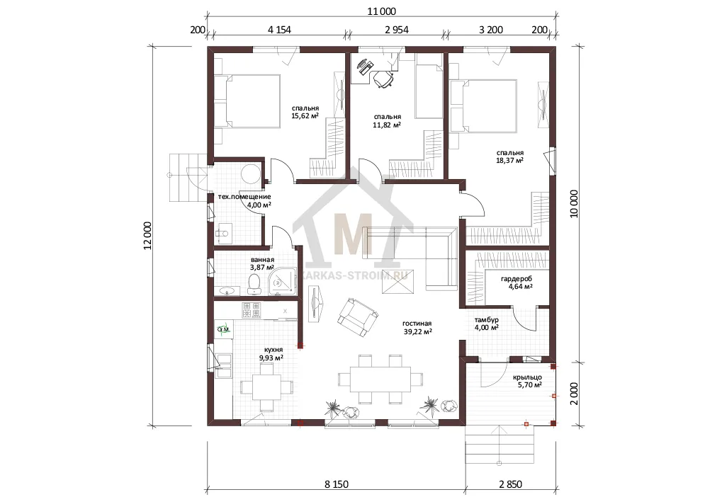 Планировка первого этажа Каркасный дом со вторым светом два входа 11х12 цена {price}.