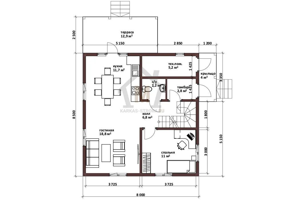 Планировка первого этажа Каркасный дом 8х8 с мансардой для постоянного проживания цена {price}.