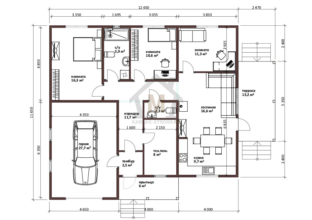 Планировка первого этажа Каркасный одноэтажный дом 11х12 с гаражом цена {price}.