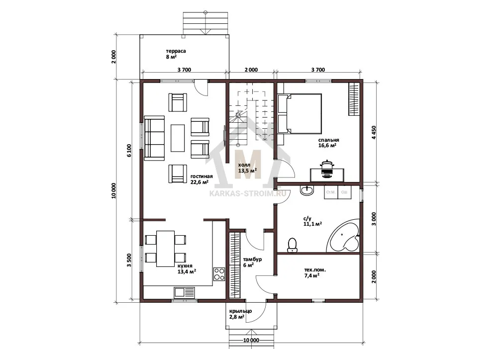 Планировка первого этажа Каркасный двухэтажный дом 10х10 проект цена {price}.