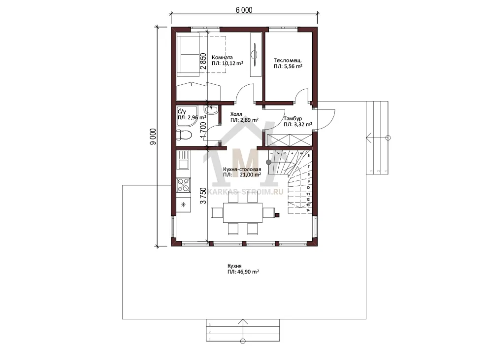 Планировка первого этажа Каркасный дом 6х9 с большими окнами цена {price}.
