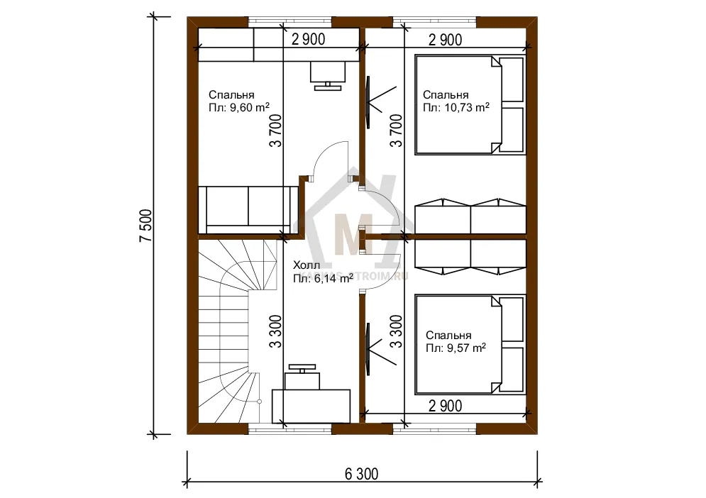 Планировка второго этажа Каркасный дом 6х7 с мансардой цена {price} заказать.