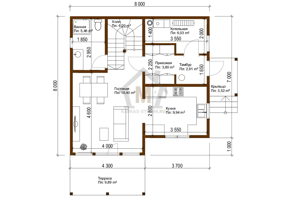 Планировка первого этажа Каркасный дом 8х8 с мансардой для постоянного проживания цена {price}.