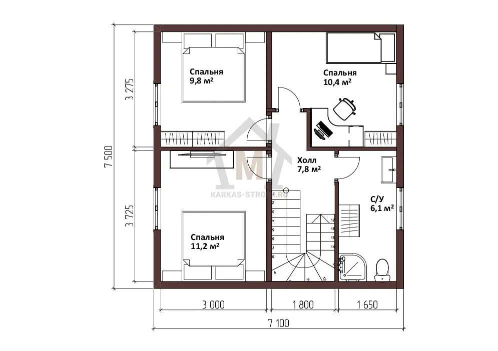 Планировка второго этажа Каркасный дом 7х7 с мансардой дачный дом цена {price}.