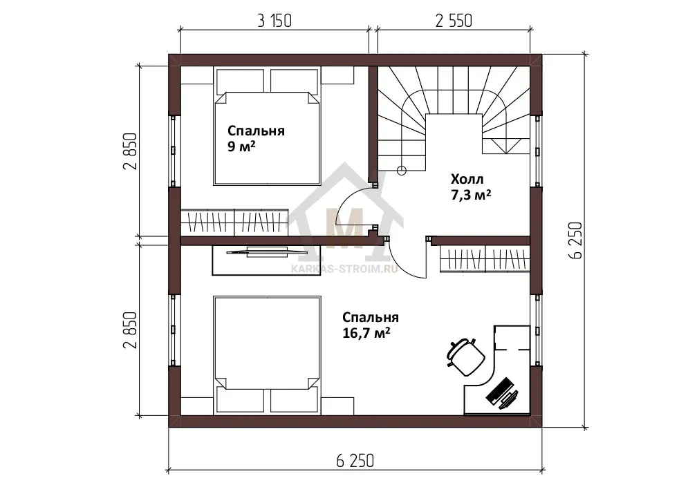 Планировка второго этажа Каркасный дачный дом 6х6 проект Агата цена {price} строительство.
