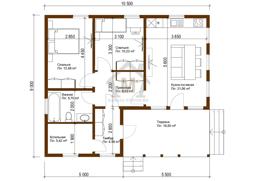 Планировка первого этажа Одноэтажный каркасный дом 9х10 цена {price} заказать.
