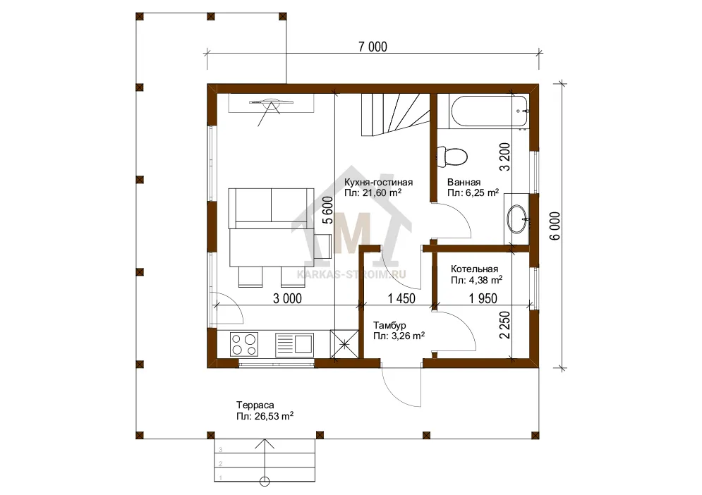 Планировка первого этажа Каркасный дом 6х7 в японском стиле цена {price}.