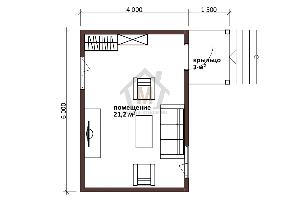 Планировка первого этажа Каркасный дом с одной комнатой проект 4x6 цена строительства {price}.