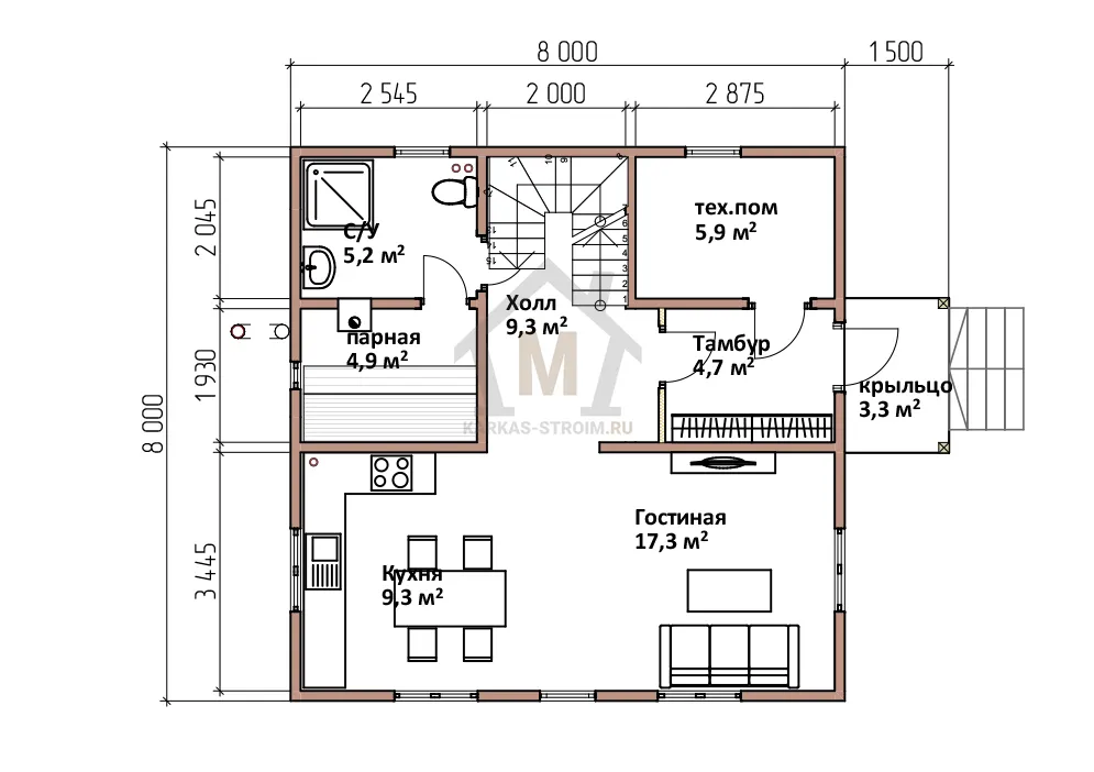Планировка первого этажа Каркасный дом баня 8х8 цена {price} три спальни.