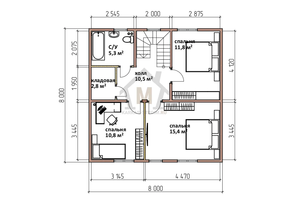 Планировка второго этажа Каркасный дом баня 8х8 цена {price} три спальни.