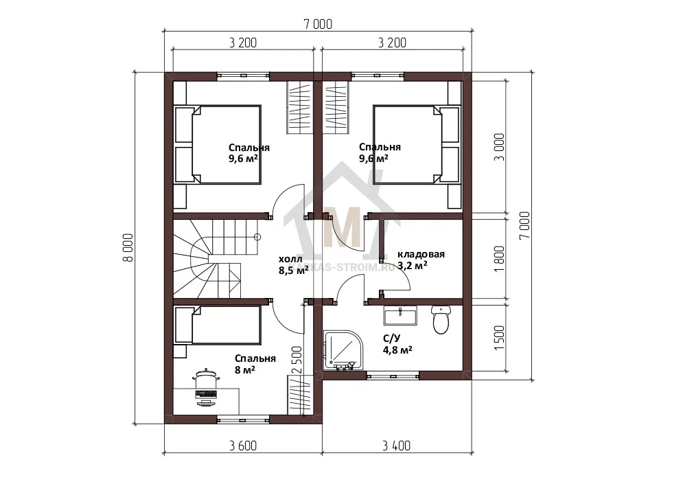 Планировка второго этажа Каркасный дом 7х8 цена {price} проект Джесика купить.