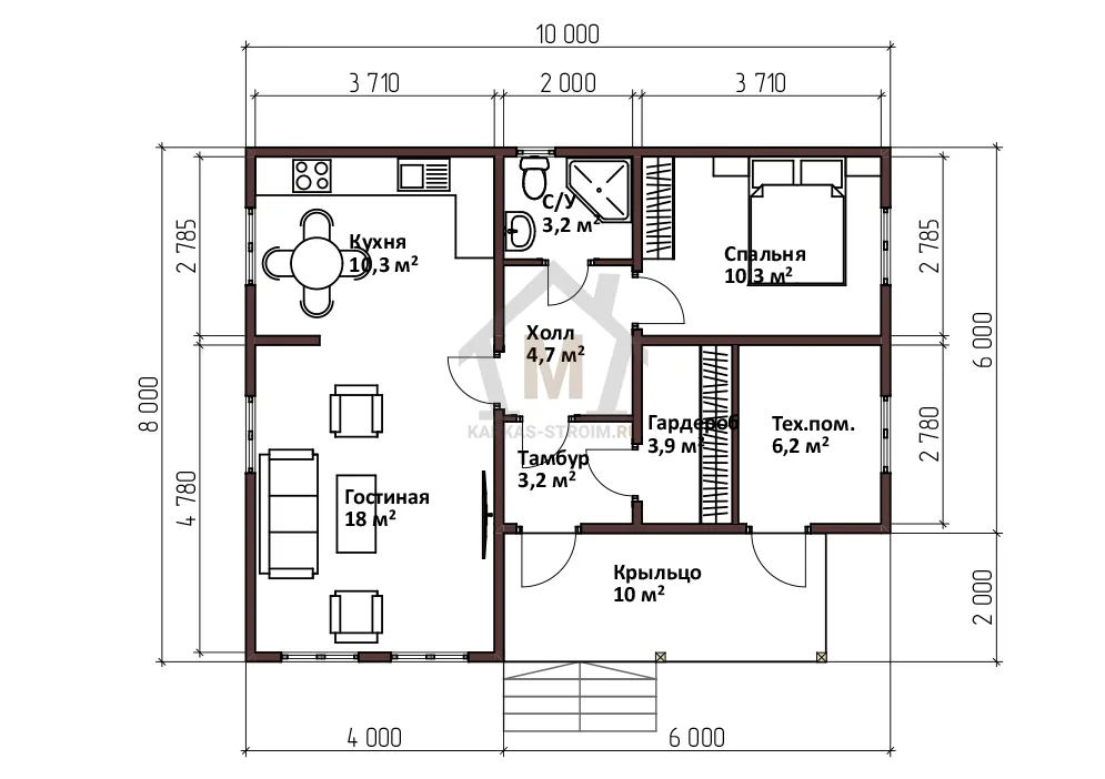 Планировка первого этажа Одноэтажный каркасный дом 8х10 для постоянного проживания цена {price}.