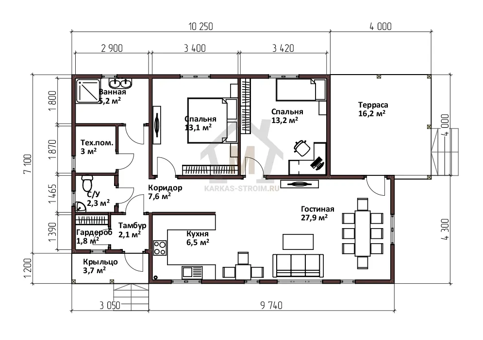 Планировка первого этажа Каркасный одноэтажный дом 8х12 с террасой цена {price}.