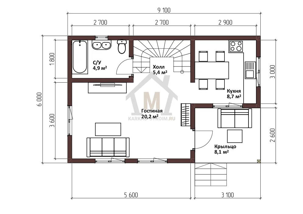 Планировка первого этажа Популярный каркасный дачный дом 6х9 цена {price}.