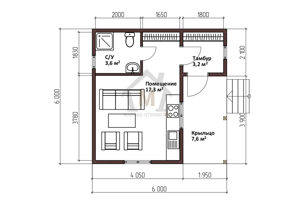 Планировка первого этажа Небольшой дачный дом 6х6 каркасный цена {price}.