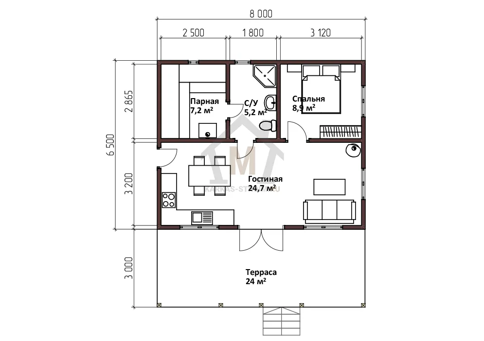 Планировка первого этажа Одноэтажный дом с баней каркасный 6х8 цена {price}.