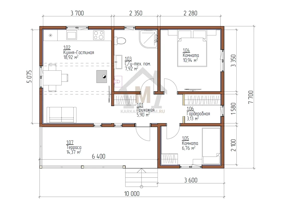 Планировка первого этажа Каркасный дом с односкатной крышей 7x10 цена {price}.