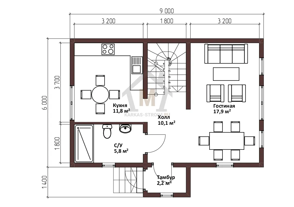 Планировка первого этажа Двухэтажный барнхаус 7х9 цена {price} каркасный дом.