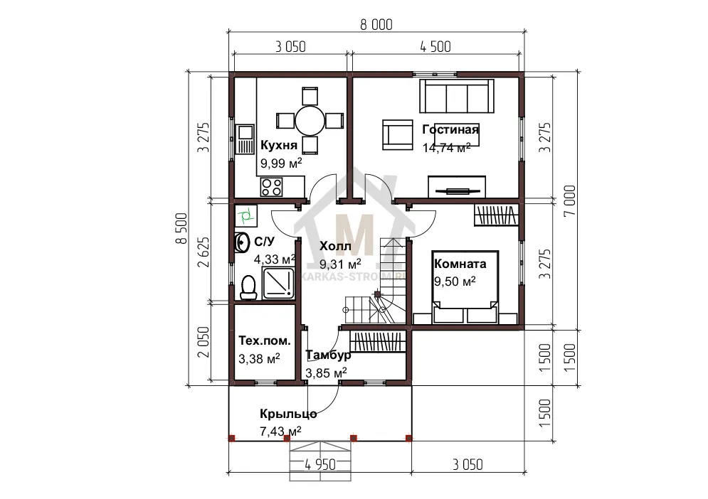 Планировка первого этажа Каркасный коттедж 8х8 для постоянного проживания цена {price}.