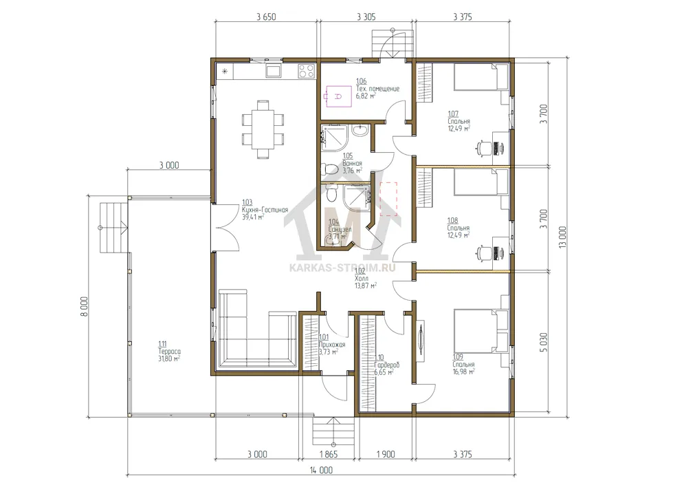 Планировка первого этажа Каркасный одноэтажный дом 11х13 для постоянного проживания.