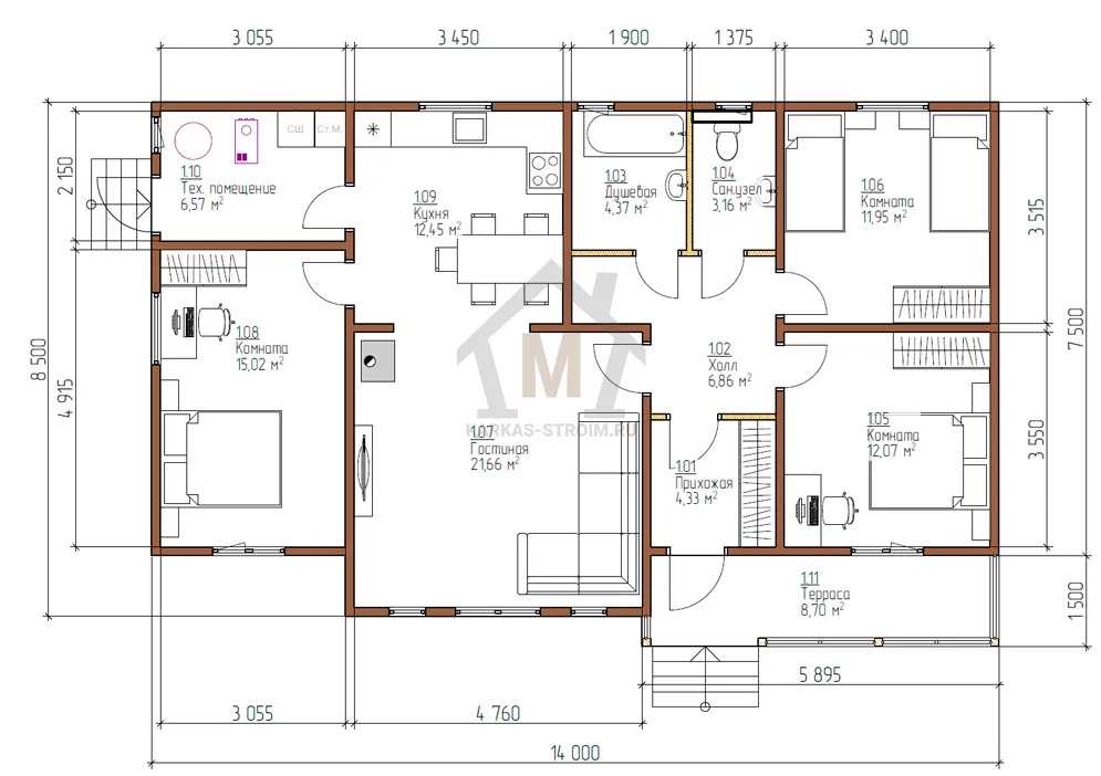 Планировка первого этажа Каркасный дом одноэтажный для постоянного проживания 8х14 цена {price}.