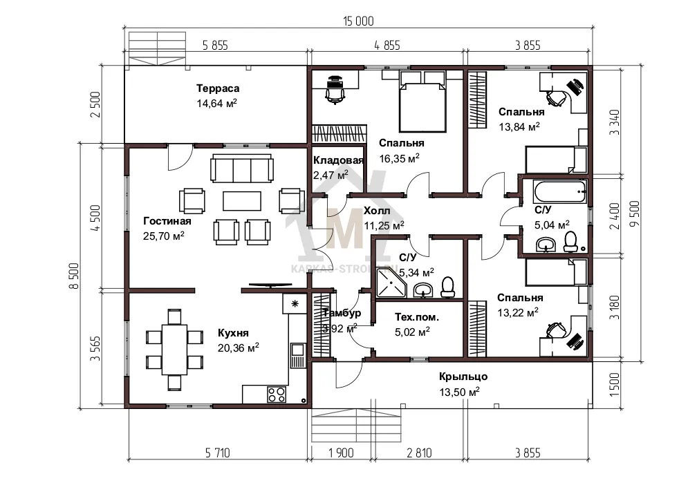 Планировка первого этажа Каркасный дом 11х15 метров цена от {price} заказать.