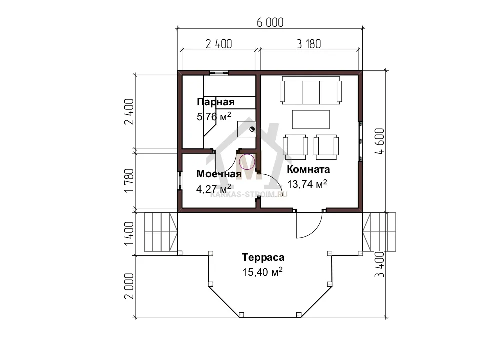 Планировка первого этажа Каркасная баня с террасой 4х6 цена {price}.