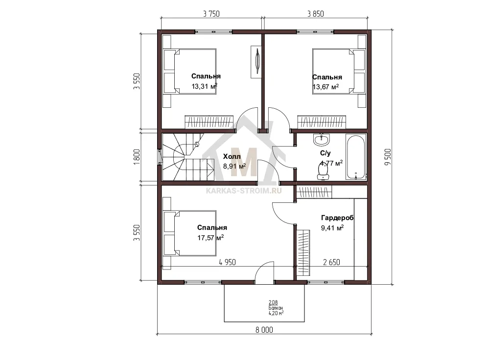 Планировка второго этажа Каркасный коттедж 8х9 проект Харрис цена {price}.