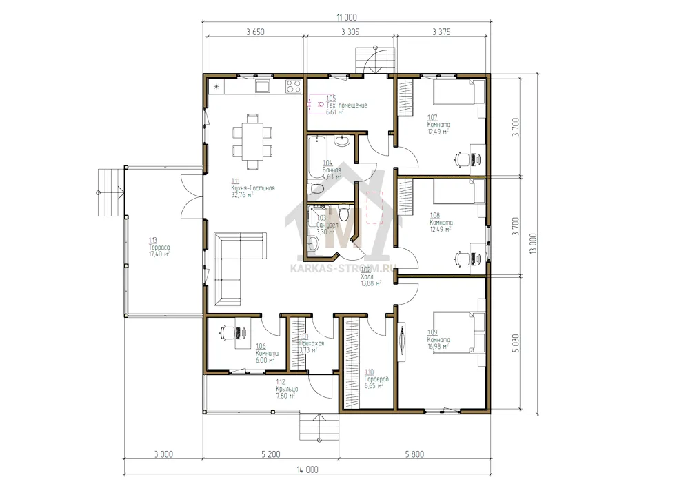 Планировка первого этажа Одноэтажный каркасный коттедж 11х13 цена {price}.