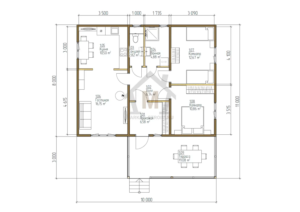Планировка первого этажа Каркасный одноэтажный дачный дом 8х10 цена {price}.