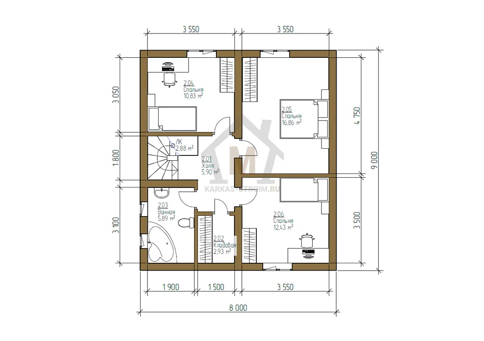 Планировка второго этажа Каркасный коттедж с мансардным этажом 8х9 цена {price}.