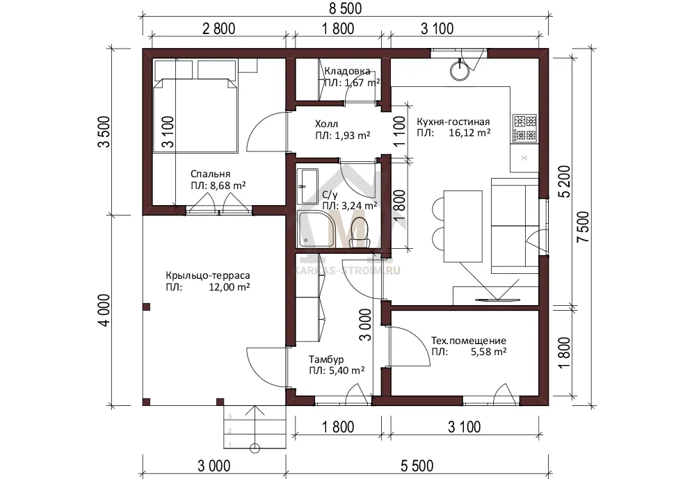 Планировка первого этажа Одноэтажный дом 7х8 каркасный цена {price} заказать.