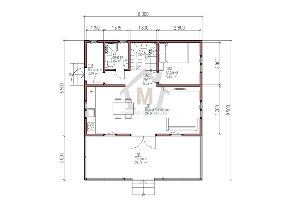 Планировка первого этажа Каркасный дачный дом 6х8 с мансардой цена {price}.