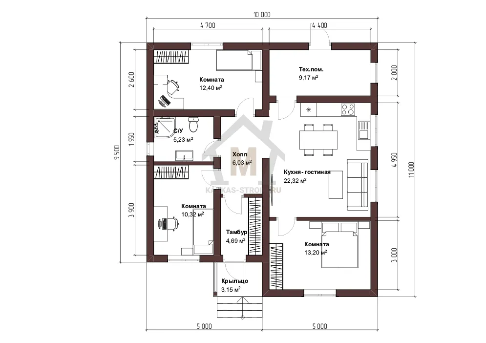 Планировка первого этажа Одноэтажный каркасный дом для постоянного проживания 10х11 Деметрио.