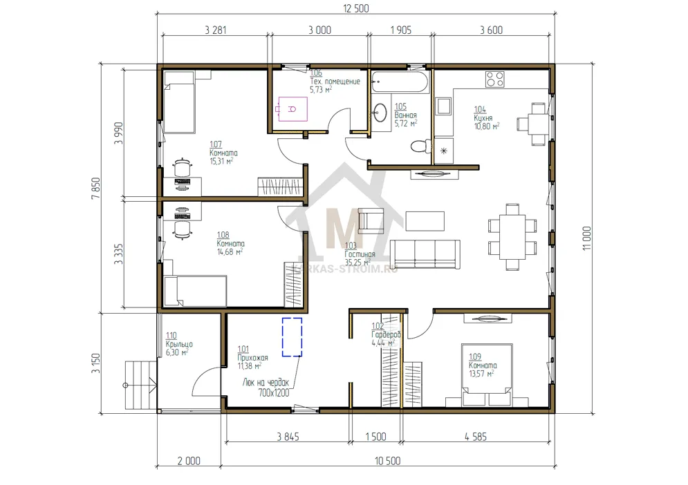 Планировка первого этажа Каркасный одноэтажный дом со вторым светом 11х12 цена {price}.