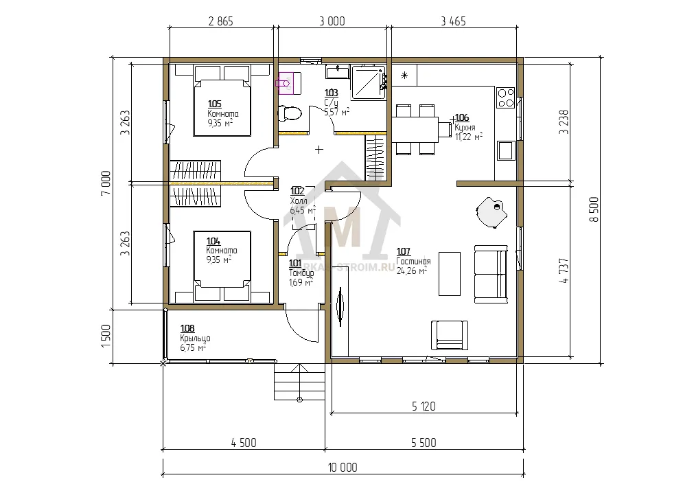 Планировка первого этажа Каркасный одноэтажный дом для дачи 8х10 цена {price}.