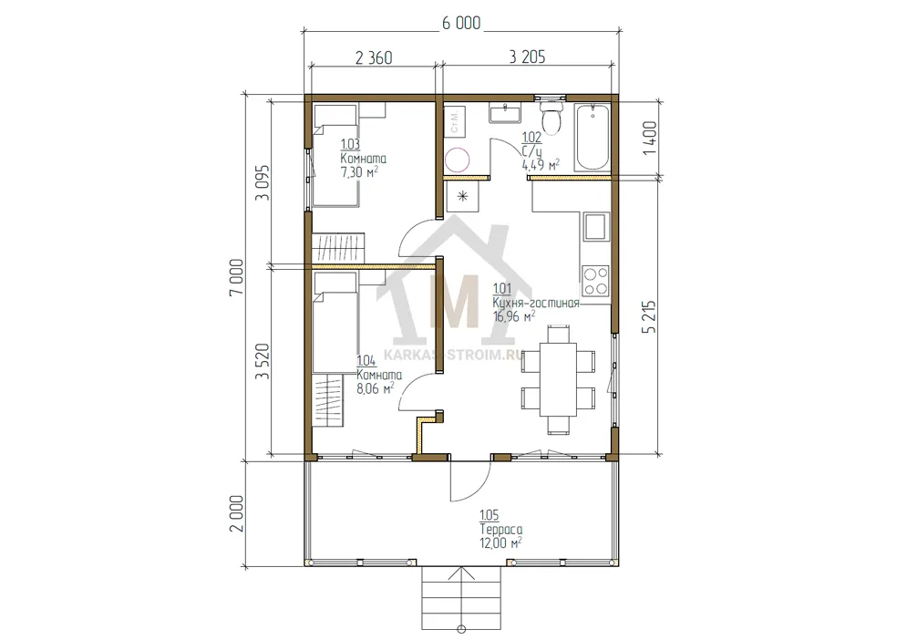 Планировка первого этажа Каркасный дачный дом одноэтажный 6х7 с террасой цена {price}.