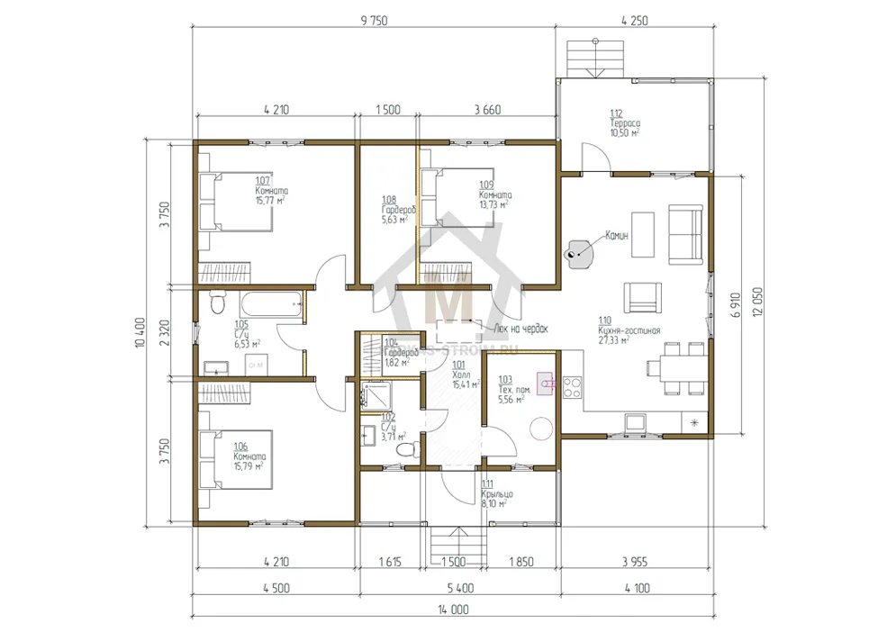Планировка первого этажа Каркасный одноэтажный коттедж 10х14 цена {price}.