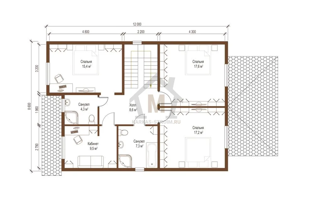 Планировка второго этажа Проект каркасного дома для постоянного проживания 196 кв.м. под ключ.