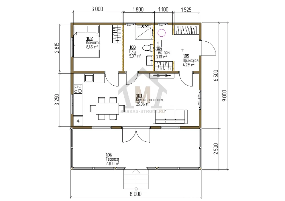 Планировка первого этажа Каркасный одноэтажный дом 52 кв м проект Менно цена {price}.