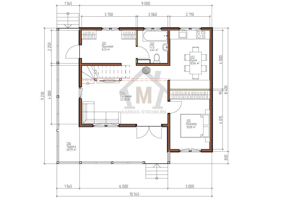 Планировка первого этажа Каркасный дачный дом 8х9 с односкатной крышей цена {price}.